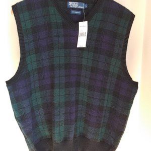New Polo by Ralph Lauren 100% Lambswool Sweater Vest Blue/Green Plaid  Size L
